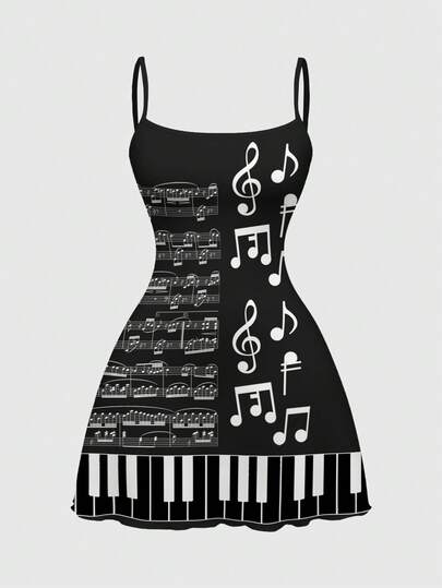 ROMWE Kawaii Đầm ngắn in hình nốt nhạc và bản nhạc piano dễ thương, phong cách sinh viên cho mùa xuân/hè.