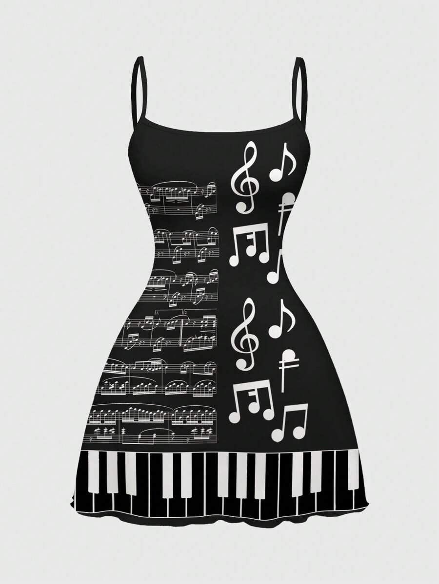 ROMWE Kawaii Đầm ngắn in hình nốt nhạc và bản nhạc piano dễ thương, phong cách sinh viên cho mùa xuân/hè. - màu đen - Xem 1