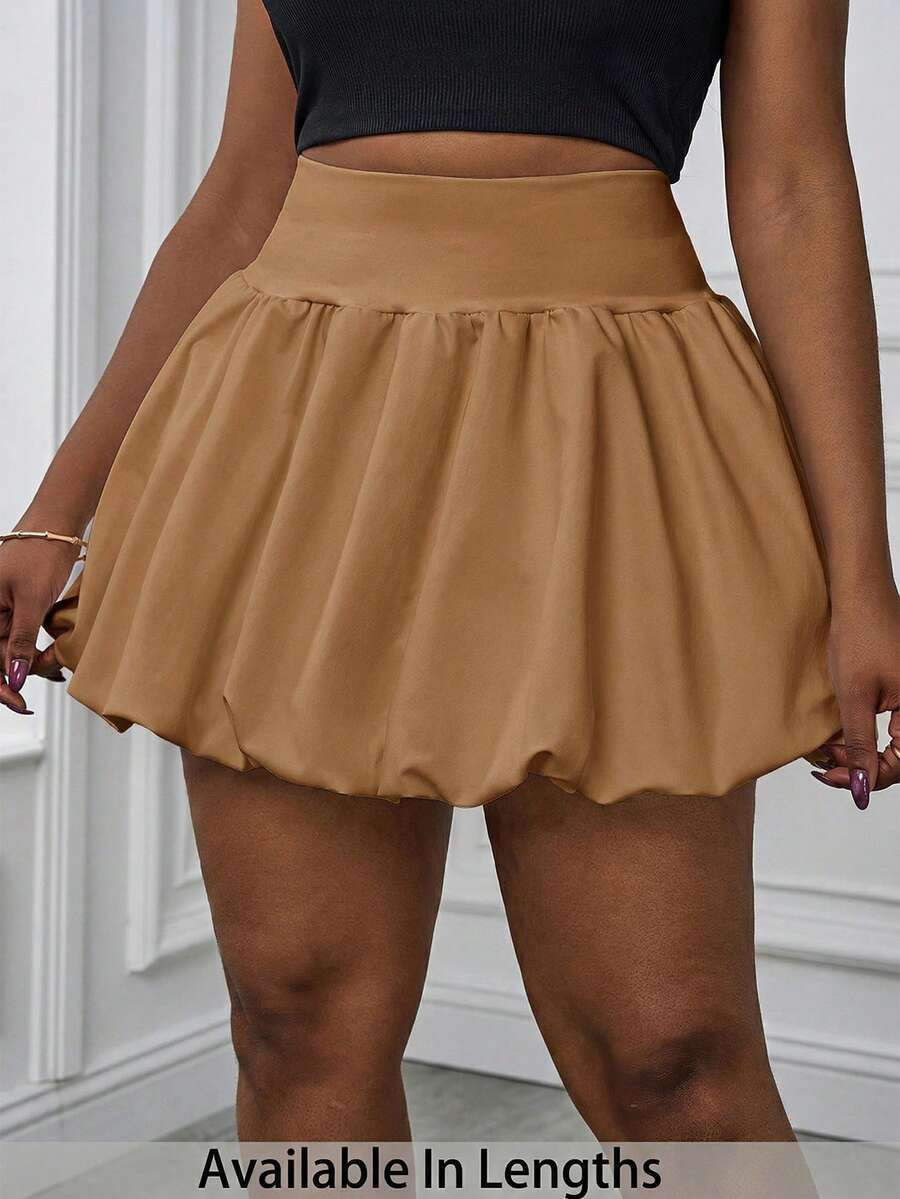 SHEIN PETITE CURVE 大码纯色百褶泡泡裙,休闲度假风 - 卡其色 - 查看 1