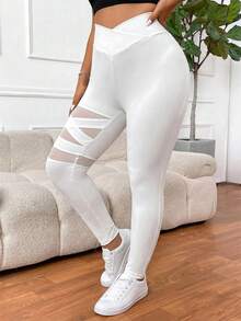 SHEIN PETITE CURVE Leggings básicos de unicolor para mujer de talla grande - Blanco - Ver 4
