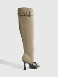 Daringsoles Botas hermosas de tacón alto delgado, de punta cuadrada, con hebilla y diseño de apertura en los dedos, para uso exterior en primavera y otoño, en color caqui y marrón - Caqui - Ver 4