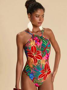 Travachic Women's Tropical Print Backless Halter One-Piece Swimsuit For Beach Vacation,Summer,Festival,Party ,Cute,Beach,Casual,Vacation,Holiday,Summer Outfits,Spring Outfit Women ,Beach Outfit For Women,Beach Outfits For Women,Beach Outfit,Beach Outfits,Vacation Outfits Women,Holiday Outfits For Women,Summer Holiday Outfits,Holiday Outfits,Vacation Outfits For Women,Beach Vacation Outfits For Wome,Country,Country Concert Outfit,Country Style For Women,Country Outfits For Women,Tropical, Mermaid, Bohemian, Ibiza, Western - Multicolor - View 4