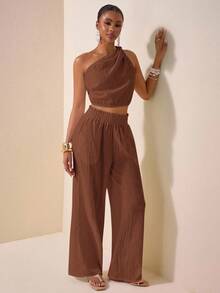 Veslaya Western Style, Nomadic Style, Birthday Party, Graduation Season, Student Wear, Daily Casual, Vacation, Cruise Travel, Business Casual Twist Knot Cropped Women's Top And Loose Textured Pocket Wide Leg Pants Plus Size Women's Set Valentine's Day Outfit - Brown - View 6