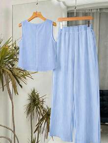 EMERY ROSE Set de 2 piezas con top sin mangas y pantalones, conjunto de vestir casual y elegante para primavera/verano, atuendo de vacaciones, conjunto de dos piezas para mujer, top y pantalones - Multicolor - Ver 2