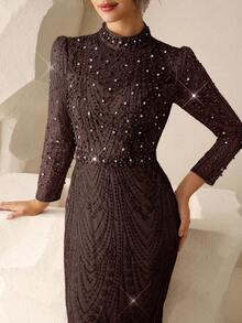 Coutiva Elegant High Neck Long Sleeve Mermaid Formal Evening Dress,Sequin Embroidery Pearl Rhinestone Design Ball Gowns For Wedding Guests & Dinner Parties - Brown - View 1