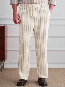 Core Aspect 男士休闲条纹印花抽绳直筒裤，适合度假和日常通勤 - 卡其色 - 查看 4