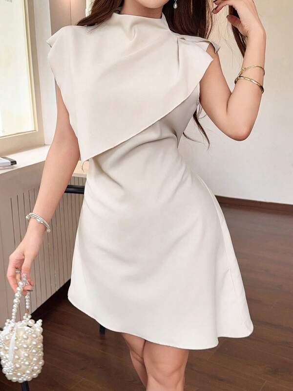 Feyla Sleeveless Solid Color Mandarin Collar Elegant Wrap Dress, Spring/Summer
