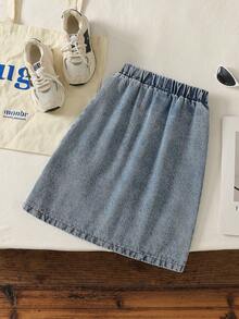 Genkimix Kids Nueva falda de mezclilla de estilo coreano para primavera/otoño de largo medio con abertura lateral, versátil para el otoño - Lavado ligero - Ver 2