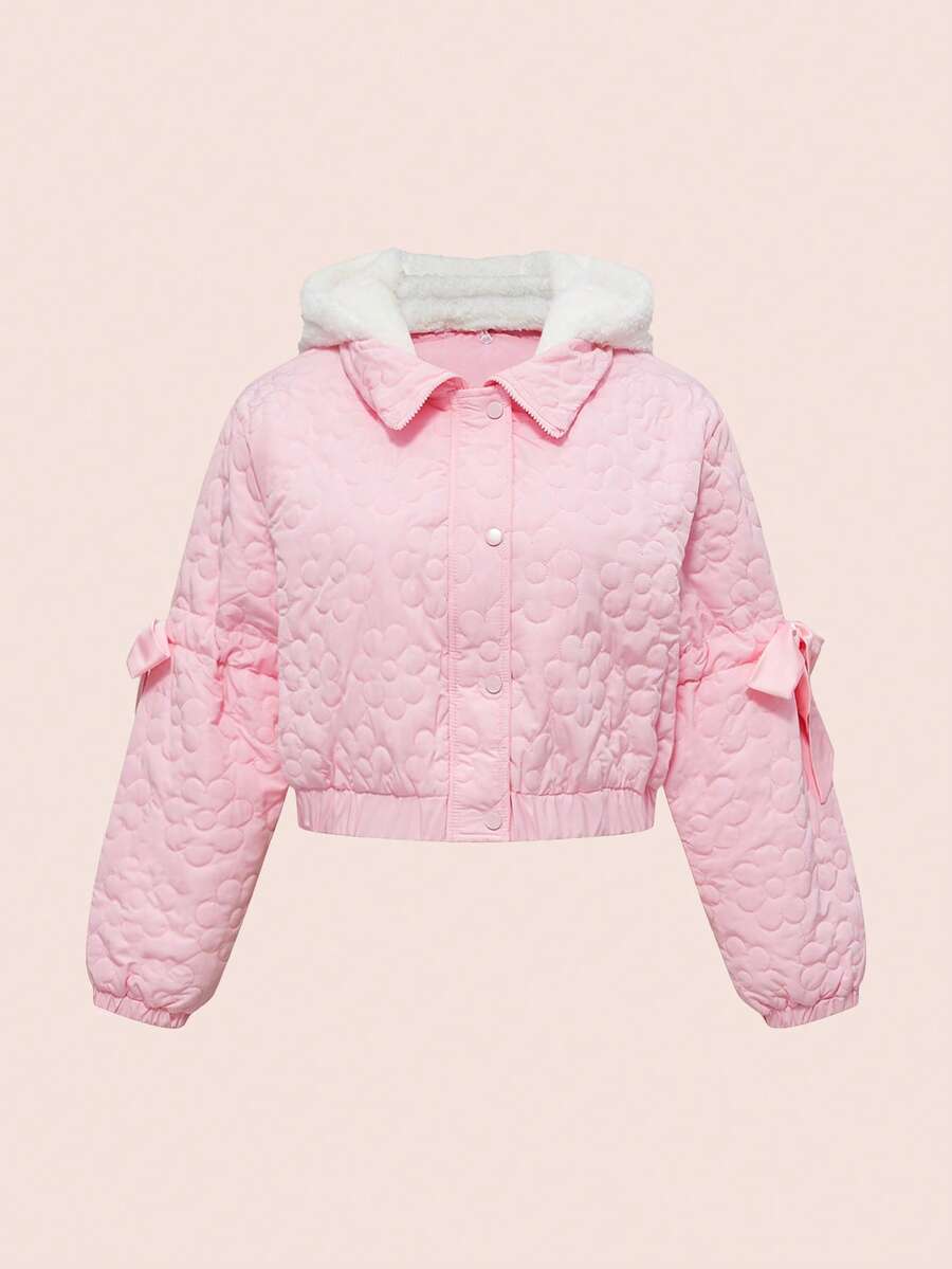 ROMWE Kawaii Plus Size Women's Cute Rabbit Ear Hooded 2 In 1 Ribbon Bow Padded Coat - Baby Pink - View 1