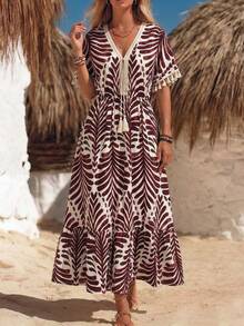 Breezaya Vestido largo con cuello en V, cintura ceñida, estampado francés y flecos, estilo de vacaciones - Rojo y blanco - Ver 6