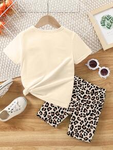 Spring And Summer Girls Toddler Casual Chic Leopard Bow Pigtail Print Short Sleeve T-Shirt And Bike Shorts 2pcs Set, Comfortable Daily Outfit - Multicolor - View 2