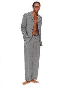 Rest Era Black & White Plaid Logo Elastic Collar Pajama Set For Men, Winter Clothes - Multicolor - View 1