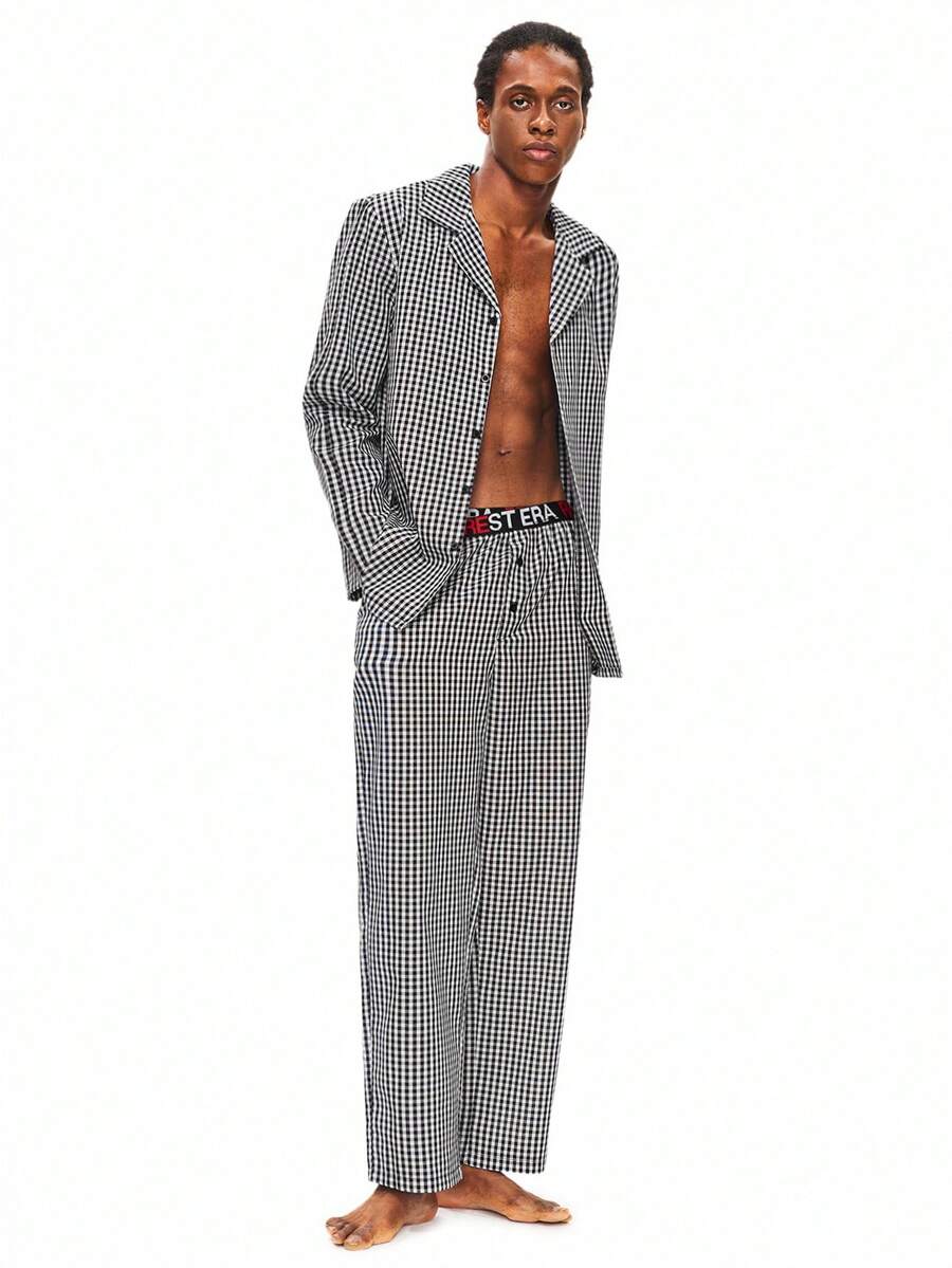 Rest Era Black & White Plaid Logo Elastic Collar Pajama Set For Men, Winter Clothes - Multicolor - View 1