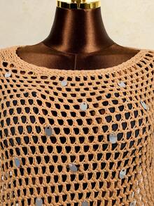 Swim Vcay Bufanda triangular tejida con lentejuelas hecha a mano, capa de hombro con flecos y hueca de moda para mujeres - Camel - Ver 8