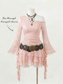 SHEIN MOD 大码女式荷叶边不对称肩连衣裙，新年、感恩节、派对 - 粉色 - 查看 3