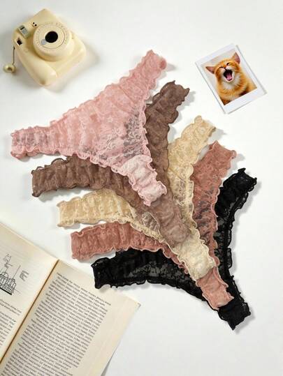 SHEIN Conjunto de 5 tangas con encaje floral, lencería sexy
