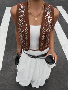 Muchica 女士几何图案开襟休闲背心薄款开衫 - 棕色 - 查看 7