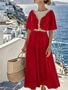 SHEIN Franclia Đầm chữ A tay ngắn, cổ tròn, phối màu tương phản, xếp nếp, thắt eo, thời trang và thanh lịch dành cho nữ. - Đỏ - Xem 2