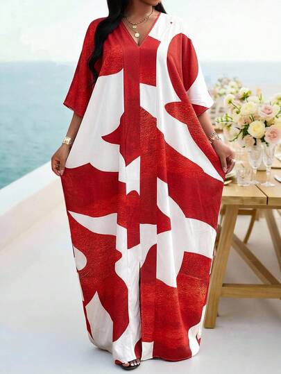 Fleurora 大码休闲撞色印花蝙蝠袖连衣裙