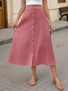 Brillora Rok Midi Kasual Wanita Warna Polos Kancing Tunggal untuk Liburan - Redwood - View 3