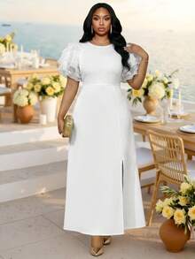 SHEIN Lady White Summer Elegant Party Wedding Guest Holiday Dresses For Women,Modest Knitted Scoop Neck Split Tiered Organza Puff Sleeve Mesh Long Plus Size Gown - White - View 5