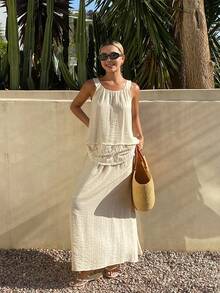 Livesso Women's Vacation Fringe Trim Camisole And Skirt Casual 2 Pieces Set Boho Short Sets For Women Summer Beach Cream White - Apricot - View 4