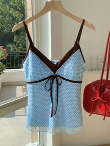 Comfortcana 女士蓝棕色波点印花系带吊带背心，春夏款 - 藍色 - 查看 5