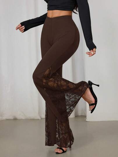 SHEIN PETITE Quần ống loe ren cạp chun màu trơn dành cho nữ