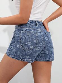 SHEIN ICON 女士时尚腰果刺绣口袋不对称下摆牛仔迷你裙 - 藍色 - 查看 2