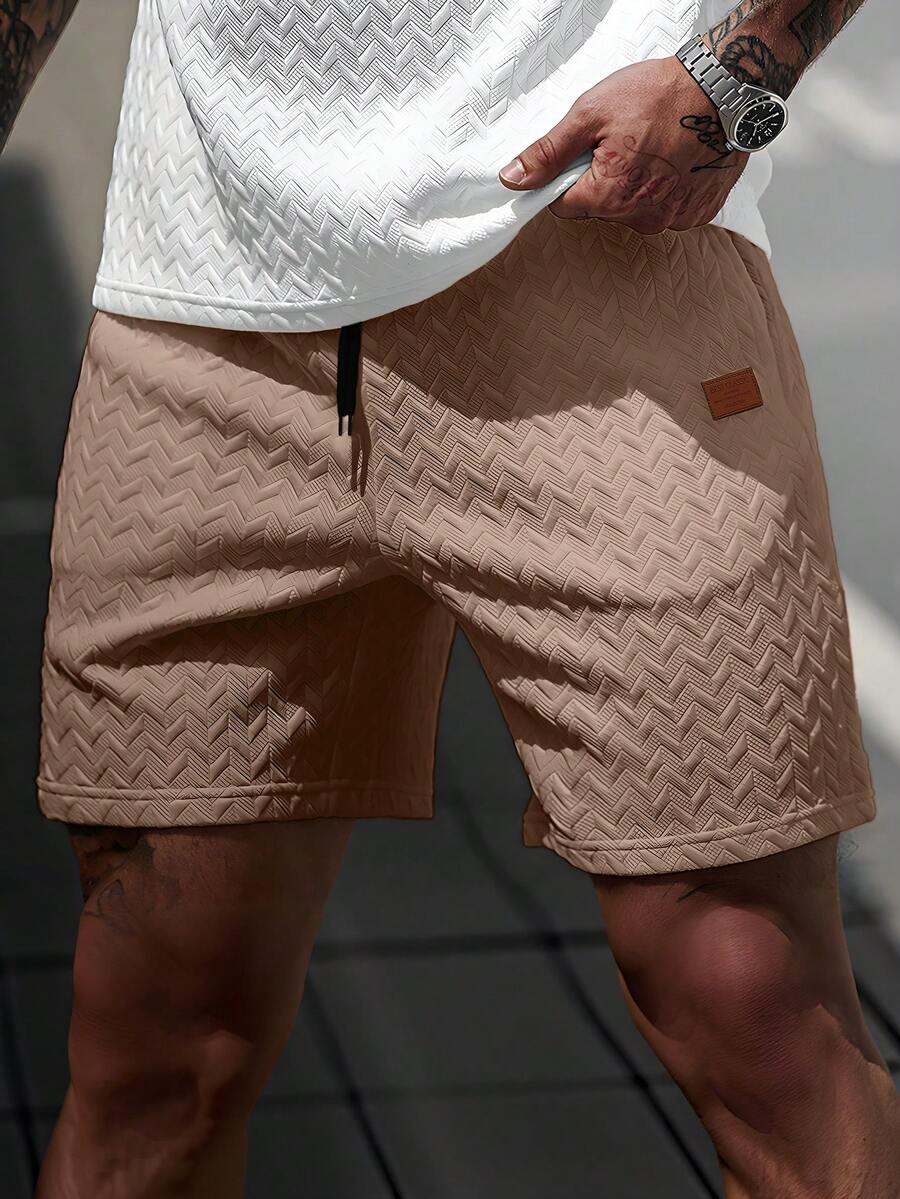 Manfinity CasualCool 男士夏季提花抽绳短裤，梯形裤型，皮革贴片，送给男友或丈夫的理想礼物 - 卡其色 - 查看 1