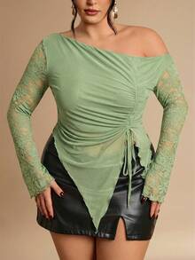 SHEIN BAE Plus Size Women Mesh Bow Top, Elegant Summer Holiday Party, Suitable For Valentine's Day, Birthday - Mint Green - View 6