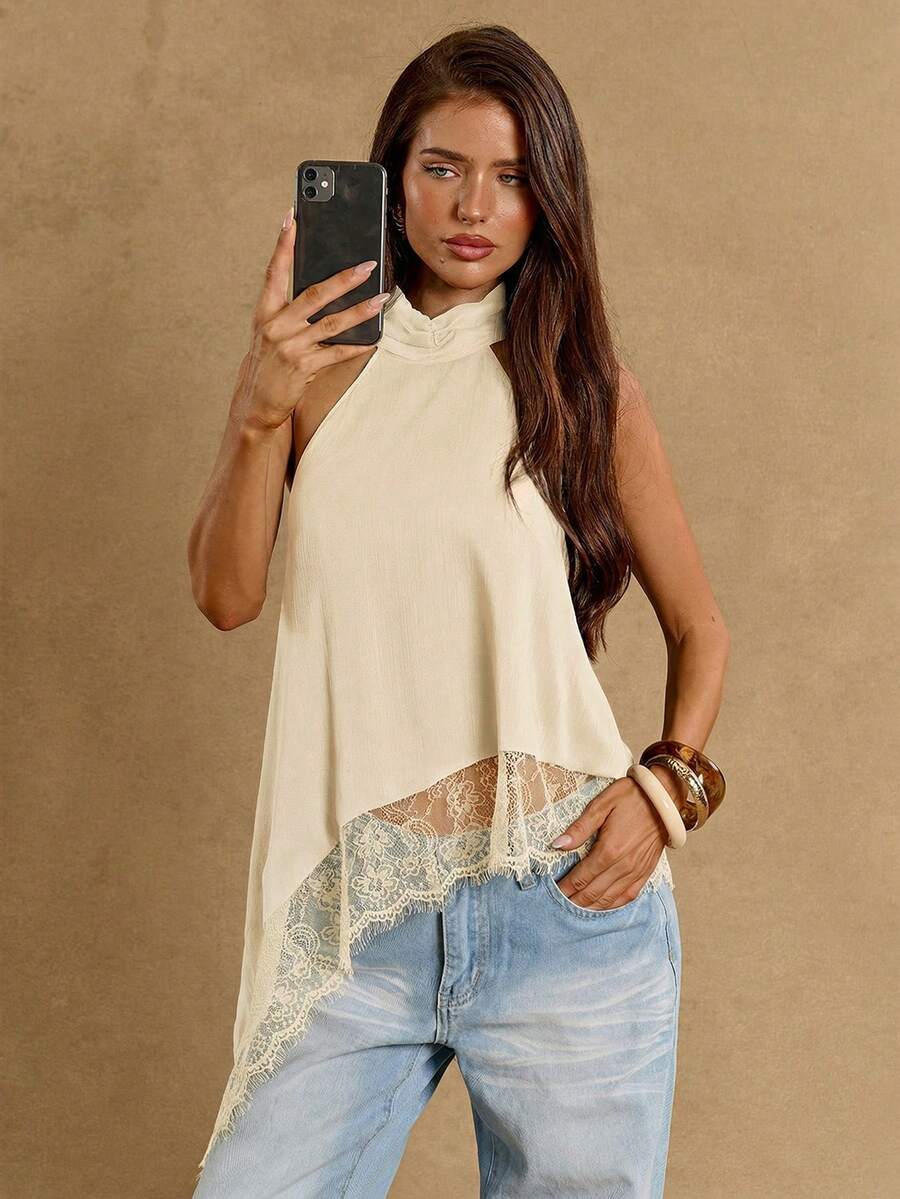 SHEIN BAE Women's Black Asymmetrical Hem Lace Patchwork Elegant Halter Neck Top - Apricot - View 1