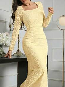 Modelyn Đầm dạ hội dài màu trắng ren ôm dáng thanh lịch dành cho nữ. - Màu vàng ngỗng - Xem 8