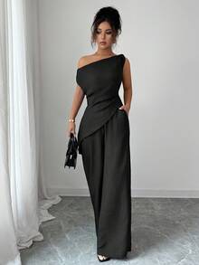 SHEIN Tall 女款春夏新款兩件套，極簡優雅辦公/休閒穿搭，百褶不對稱肩上衣 + 長褲，海軍藍，適合高個女性 - 黑色 - 查看 3