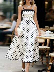 EMERY ROSE Women's White With Black Polka Dots Dress,Elegant Summer Spaghetti Strap Mid-Length A-Line Casual Vacation Dress With Waist Belt Decor,Day Party - Black and White - View 7