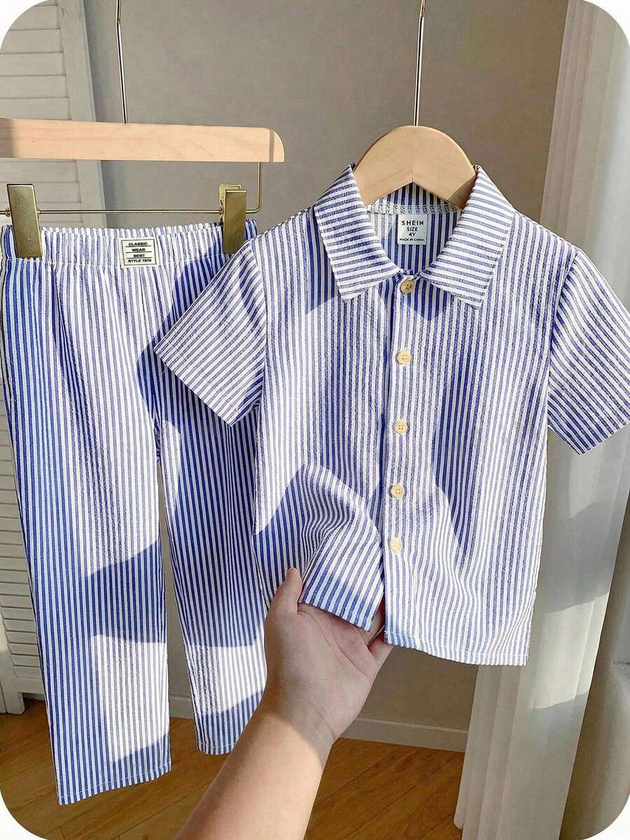 SHEIN 两件套男童休闲舒适条纹 Polo 衫和宽松直筒裤套装