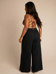 FASHION SZN Pantalon décontracté aspect lin grande taille, pantalon de plage avec lien à l'avant, pantalon élégant grande taille, tenue de vacances, pantalon d'été, pantalon ample, pantalon large, bohème, tenue de festival, pantalon décontracté, tenue de plage et de ville, pantalon grande taille, pantalon grande taille taille mi-haute large, sexy, mignon, port quotidien, maillot de bain, cache-maillot de vacances, pantalon noir grande taille, pantalon de travail bohème de festival avec cordon de serrage, port quotidien - Noir - Voir 2