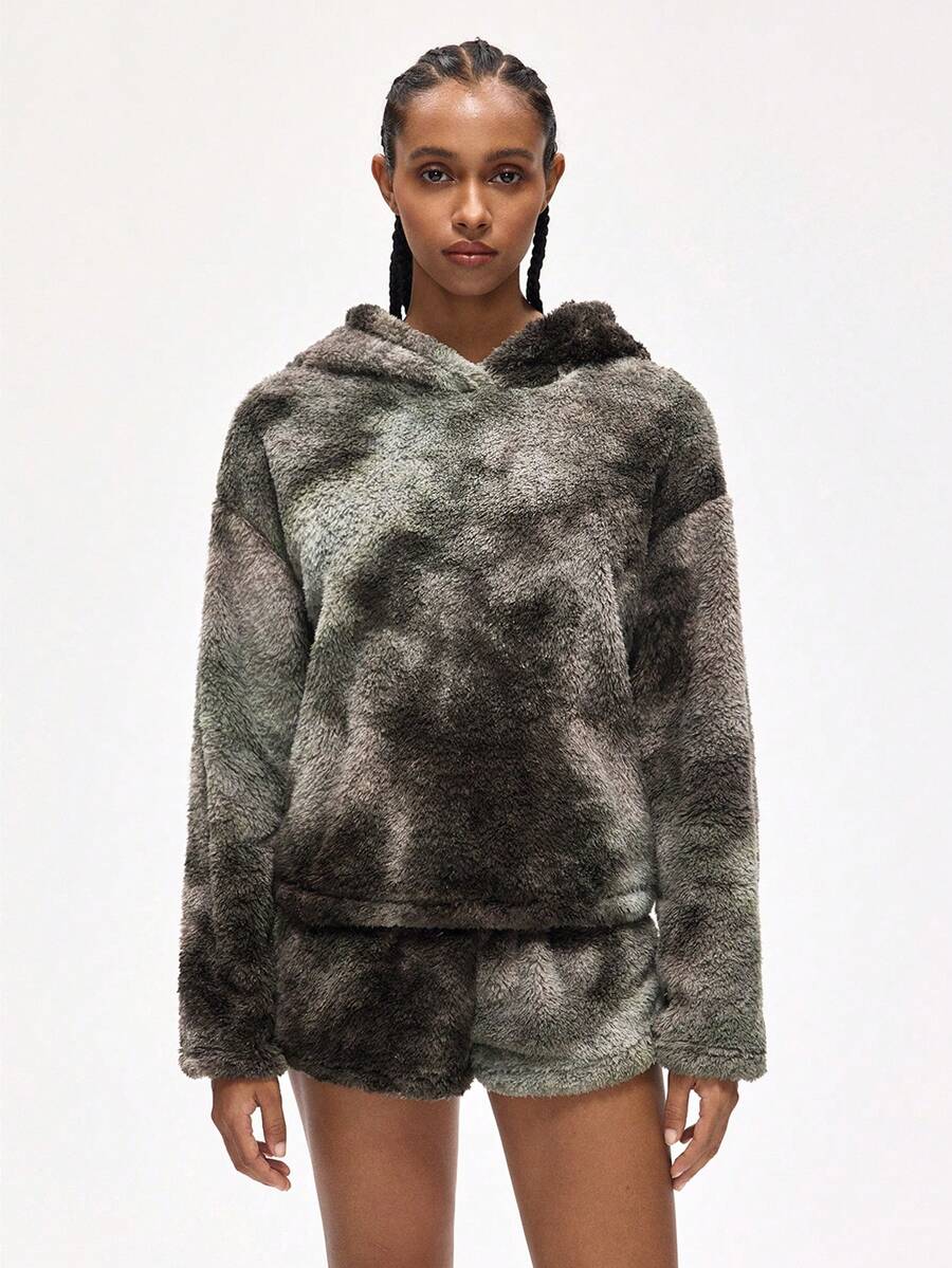 Rest Era Women's Tie-Dye Drop Shoulder Hooded Fluffy Sweatshirt And Shorts Lounge Set, Winter Clothes - Multicolor - View 1