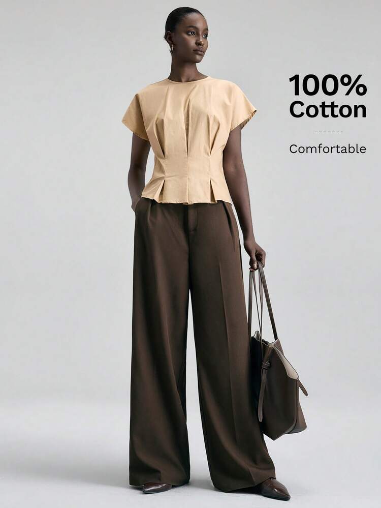2026SS Women's Solid Color Waist Pleated Minimalist Casual Shirt, Suitable For Urban Commute, Office, Business Casual, Elegant Lady Formal Blouse, Women's Spring/Summer Top, Wedding Guest Attire, Beach/Holiday Outfit, Office Wear