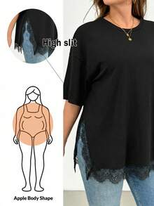 SHEIN Essnce Áo thun ngắn tay xẻ tà viền ren màu đen dành cho nữ cỡ lớn - màu đen - Xem 2