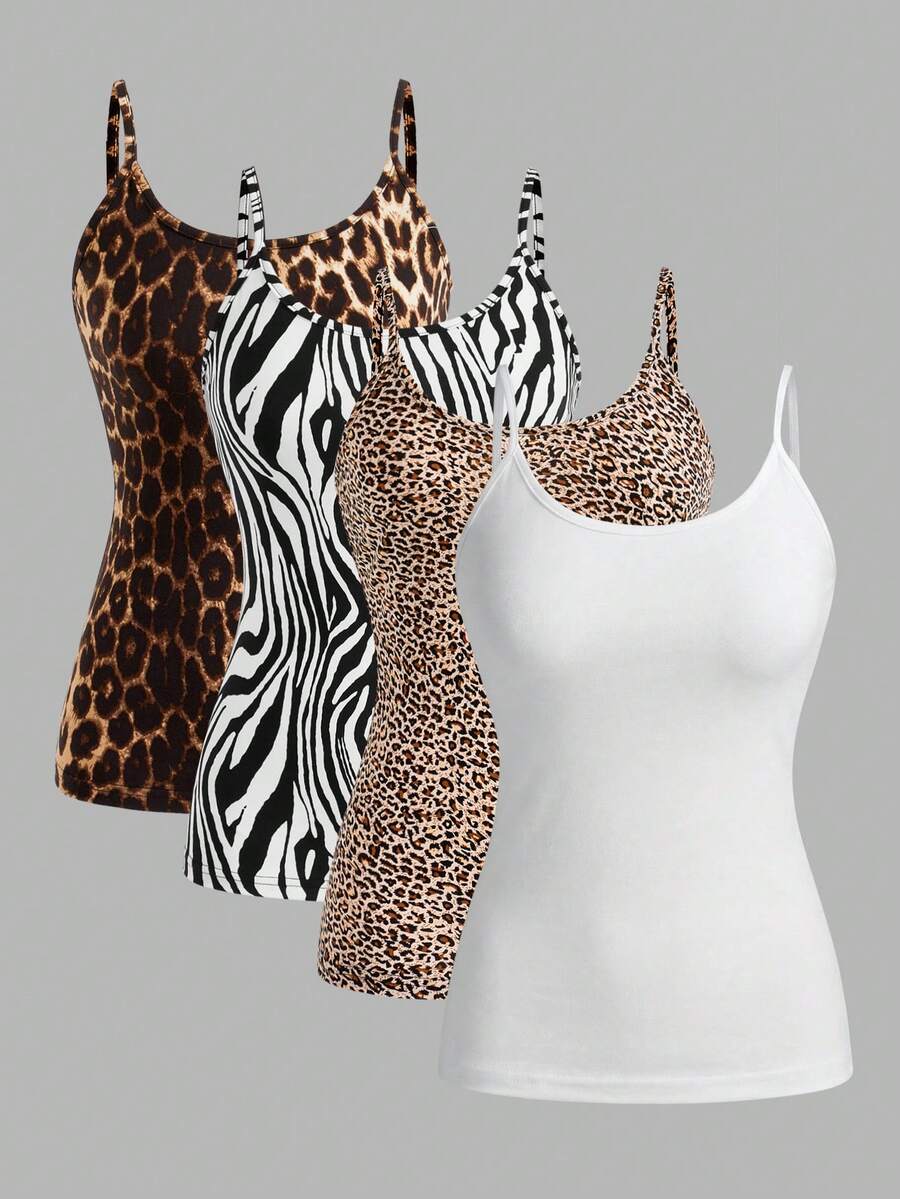 SHEIN EZwear 4pcs Leopard & Zebra Print Casual Minimalist Camisole Vest Tops, Suitable For Summer - Multicolor - View 1