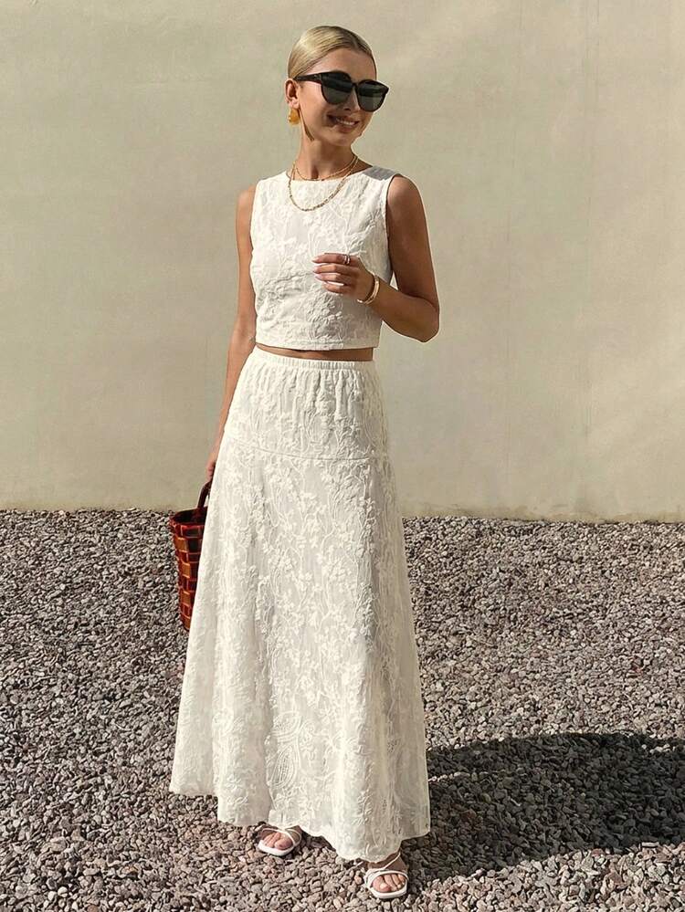 Women's Summer Floral Jacquard Camisole And Mini Skirt 2 Pieces Set