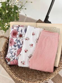 SHEIN 3pcs Baby Girl Knitted Solid Striped Casual Flare Pants Set - Multicolor - View 6