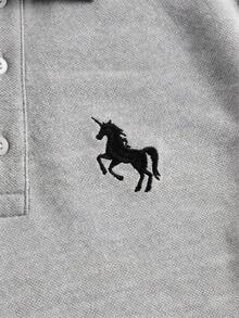 SWAVVY 男士休闲通勤条纹短袖针织 Polo 衫，夏季学院风 Polo 衫，男士 Polo 衫，独角兽印花 Polo 衫，高尔夫球衫，学院风图案 Polo 衫，男士狗狗印花服装，男士白色 Polo 衫 - 灰色 - 查看 6
