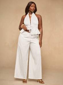 SHEIN BAE Damen Große Größen Set aus weißem Träger-Top mit Bindedetail und weiter Hose - Weiss - Übersicht 6