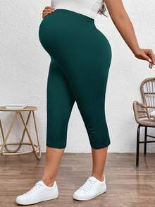 Plussiva Dark Green,Summer,Smart Casual,Everyday Plus Size Pregnant Women's Solid Color Capri Leggings,Stretchable Maternity Pants For Yoga  Gym Outfits - Dark Green - View 3