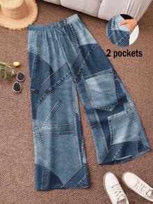 CosyJoli 大码女式春夏新款牛仔图案沙滩短裤，适合情人节、通勤等场合，条纹阔腿裤带口袋。海滩度假/大学生度假风邮轮女式夏季宽松裤/休闲裤，大码女式休闲裤。 - 藍色 - 查看 5