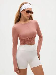 SHEIN Sports 女士极简纯色长袖交叉裹身短款修身运动T恤 - 藕粉色 - 查看 3