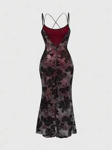ROMWE Goth Plus Size Retro Floral Flocked Backless Waist Fitted Mermaid Dress - Black - View 2