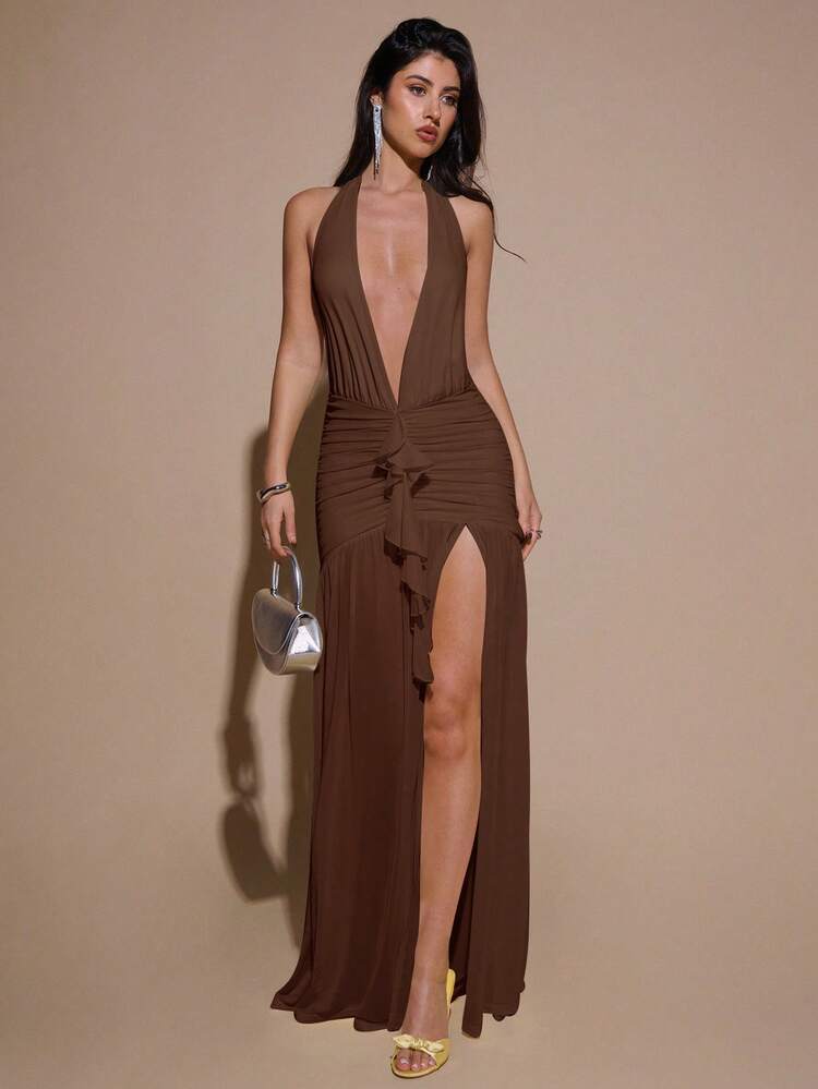 SHEIN BAE 性感简约纯色奶油黄深V领露背紧身褶皱网纱连衣裙，适合派对、鸡尾酒会、正式场合、伴娘、生日、圣诞节、商务休闲等场合，优雅女士礼服 - 棕色 - 查看 4
